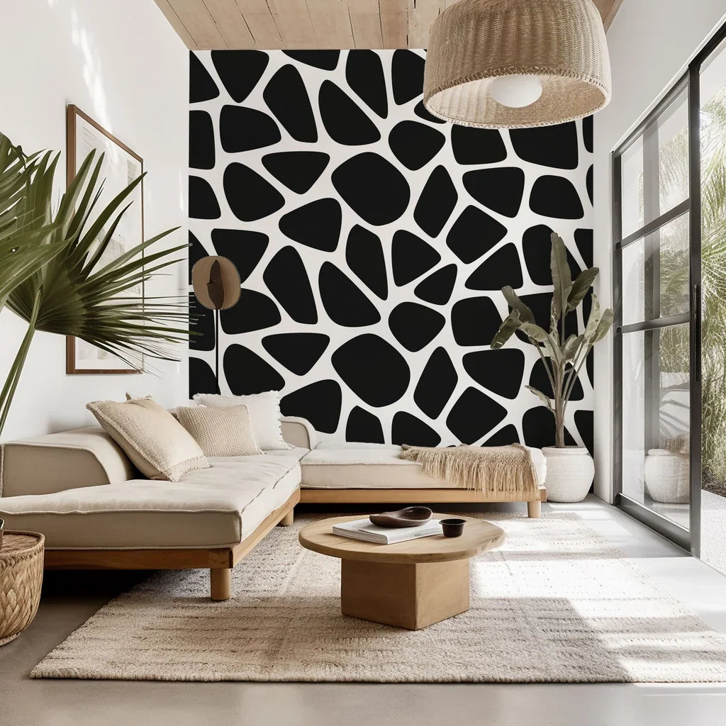 Self-adhesive black and white wallpaper featuring an abstract, irregular spot design (Fractured Night)