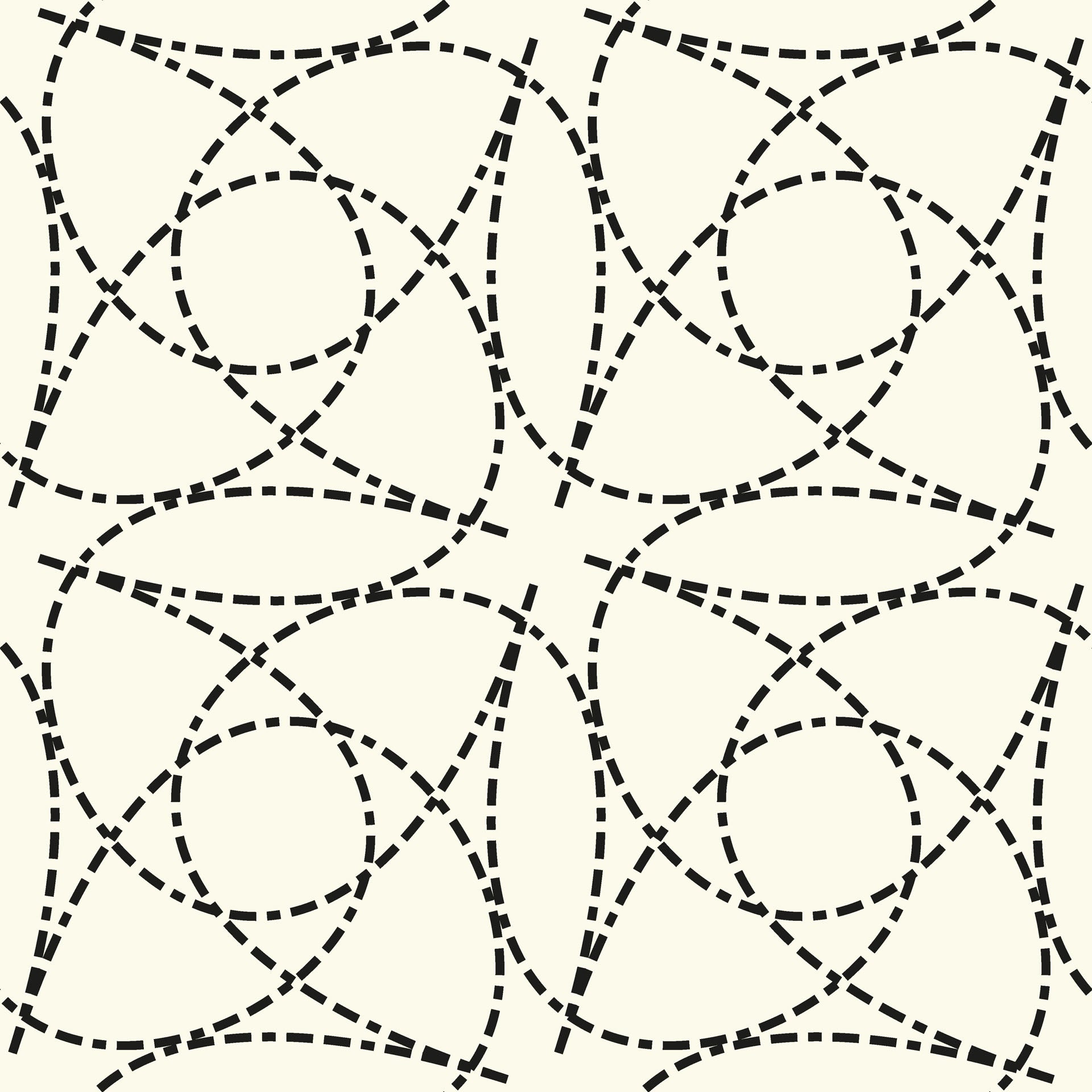 Self-adhesive wallpaper featuring a cream and black geometric design of dashed curved lines - Fragmented Orbit