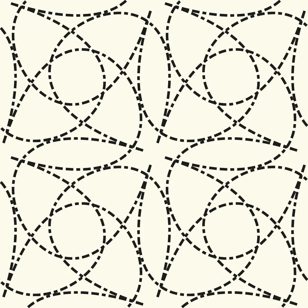 Fragmented Orbit black and cream abstract dashed line wallpaper