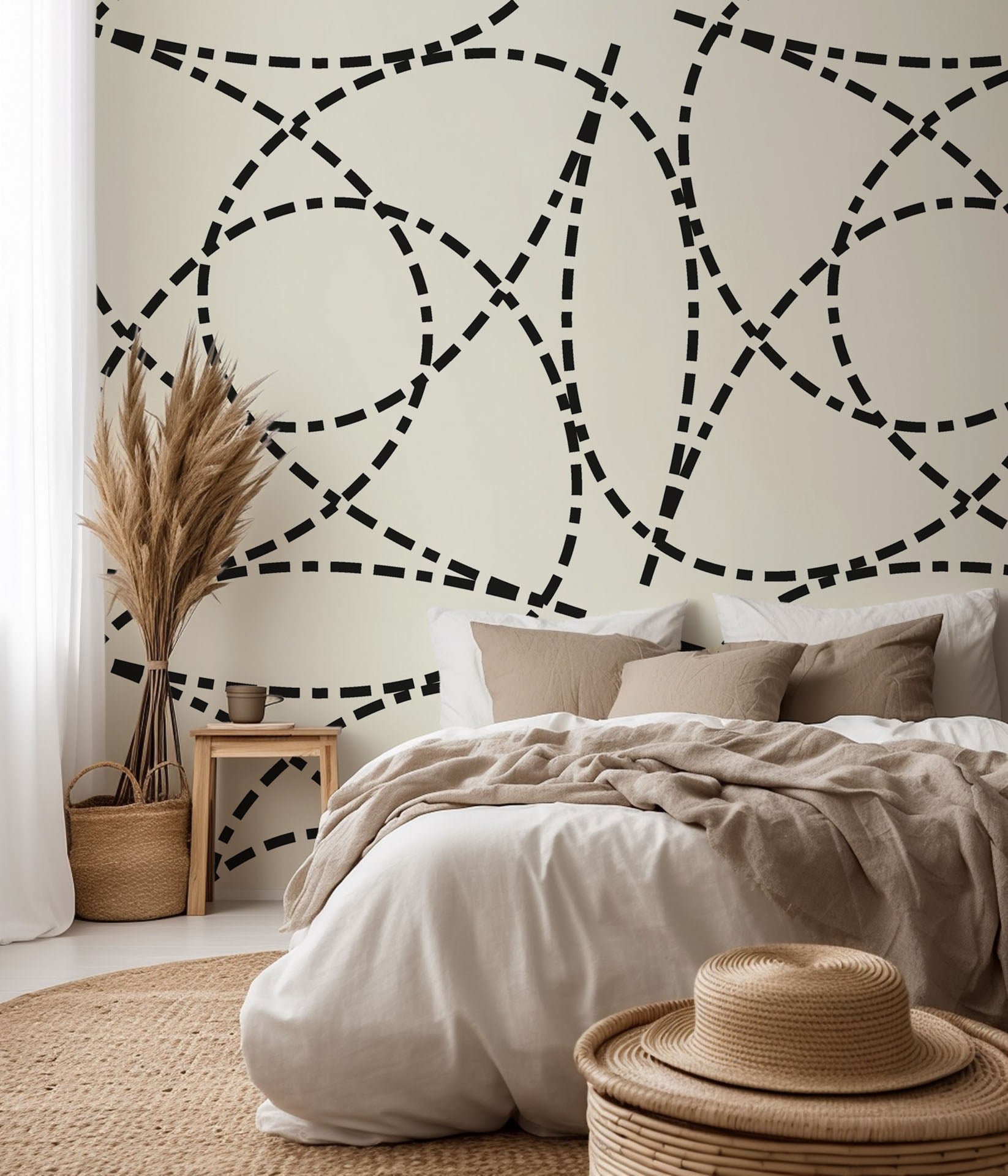 Self-adhesive wallpaper featuring the 'Fragmented Orbit' pattern of segmented, cream and black, curved geometric lines