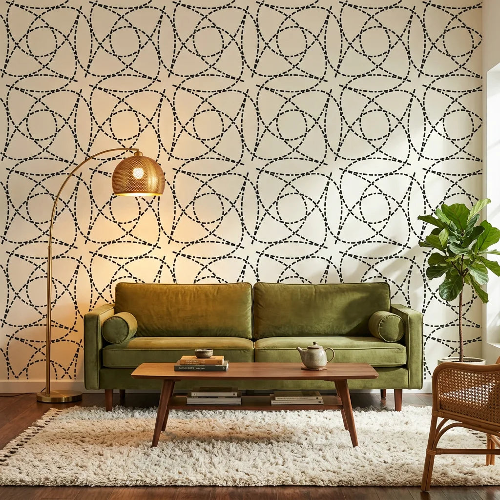 Fragmented Orbit black and cream abstract dashed line wallpaper in a warm and inviting living room