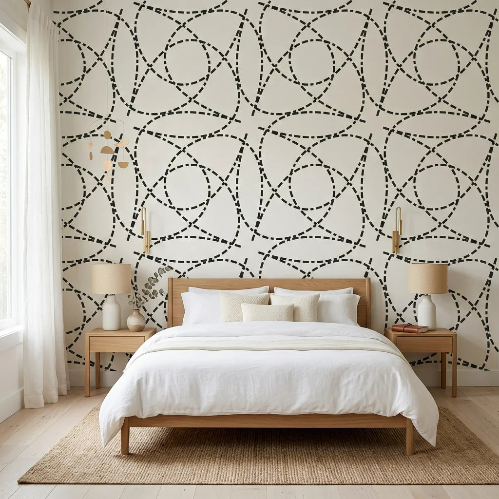 Fragmented Orbit black and cream abstract dashed line wallpaper adding character to a cozy bedroom