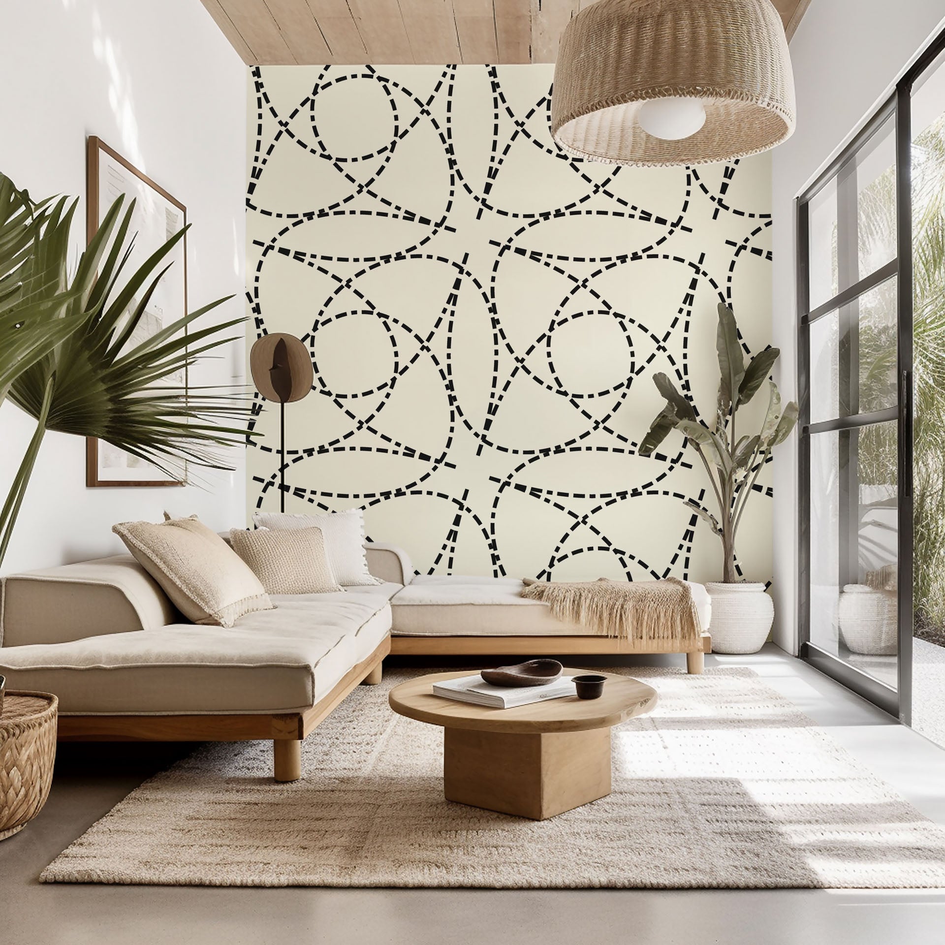 Removable wallpaper featuring a black and cream geometric abstract design of segmented, curved lines (Fragmented Orbit)