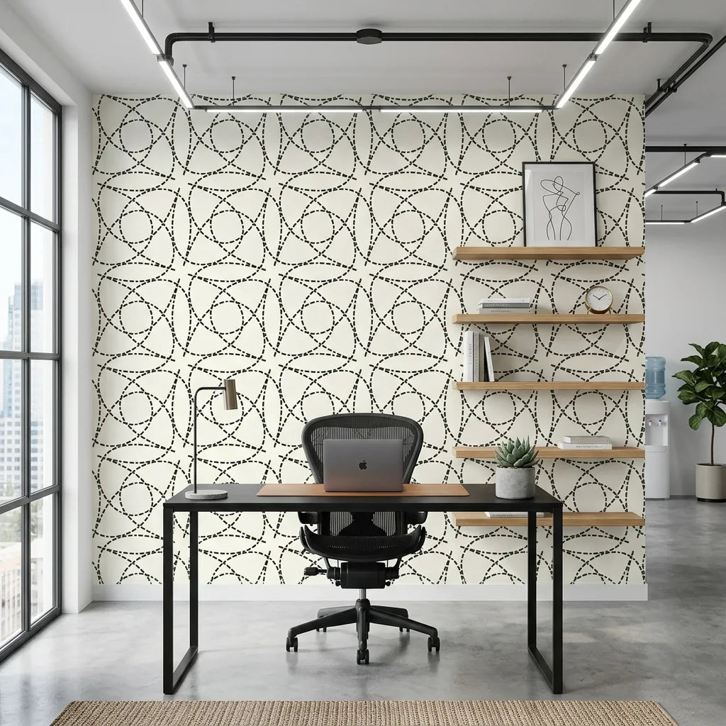 Fragmented Orbit black and cream abstract dashed line wallpaper as a feature wall in a bright home office