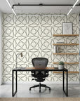 Fragmented Orbit black and cream abstract dashed line wallpaper as a feature wall in a bright home office