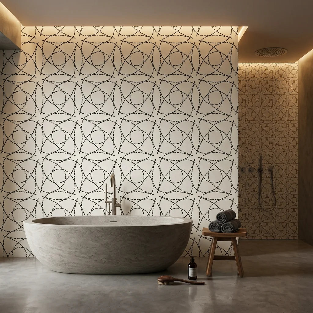 Fragmented Orbit black and cream abstract dashed line wallpaper creating ambiance in a serene bathroom