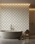Fragmented Orbit black and cream abstract dashed line wallpaper creating ambiance in a serene bathroom