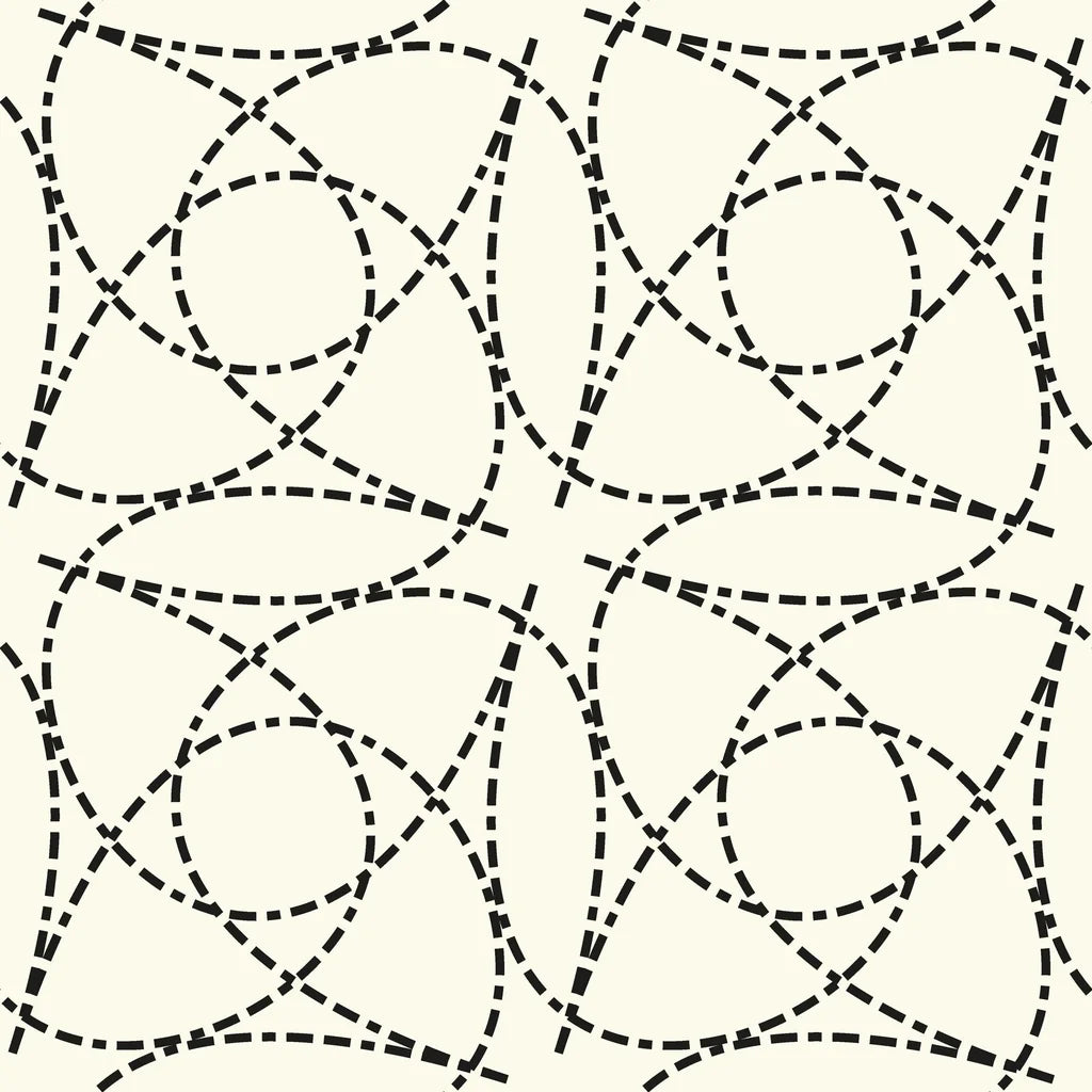 Self-adhesive wallpaper featuring a cream and black geometric design of dashed curved lines - Fragmented Orbit