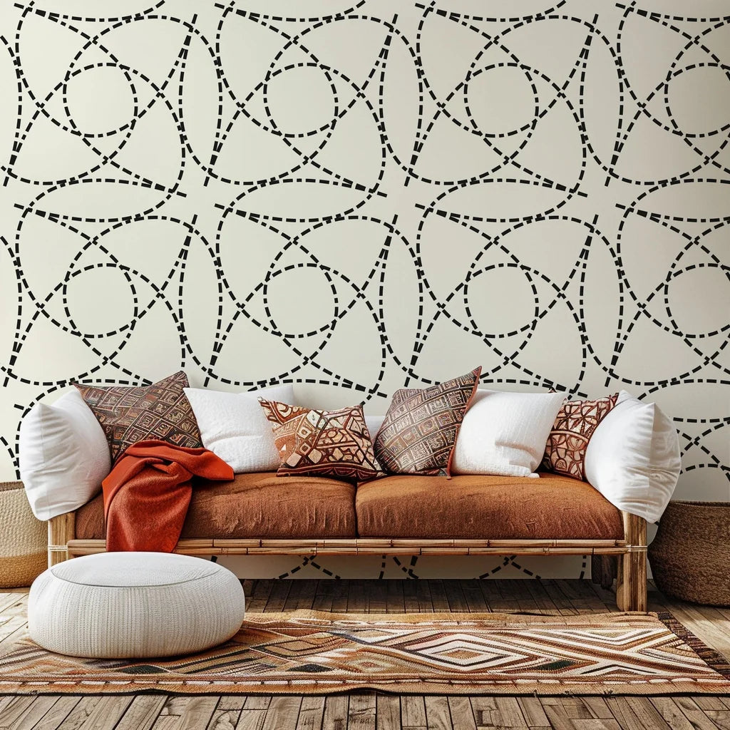 Segmented, arching black and cream geometric lines define this self-adhesive wall covering known as 'Fragmented Orbit'