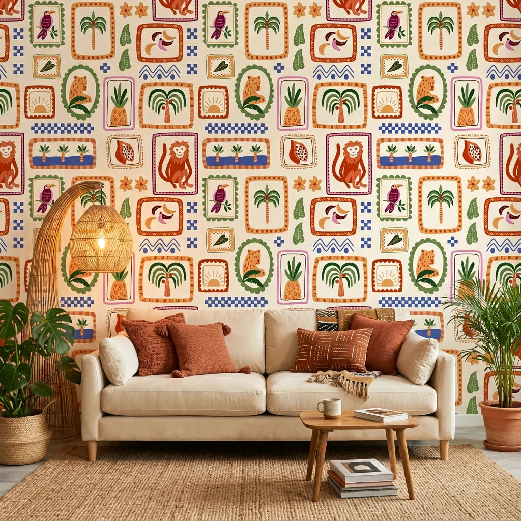 Framed Bloom gallery floral wallpaper in a warm and inviting living room