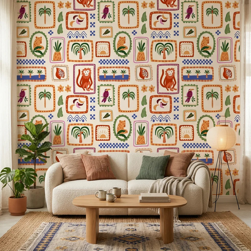 Framed Bloom gallery floral wallpaper as a feature wall in a bright home office