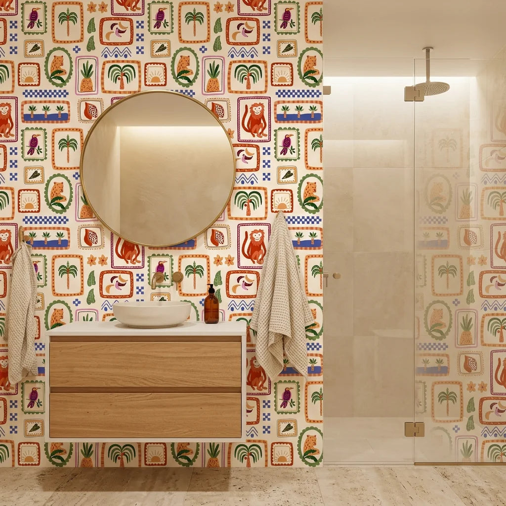 Framed Bloom gallery floral wallpaper creating ambiance in a serene bathroom