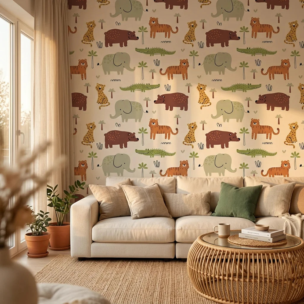 Friendly Roar beige jungle animal safari wallpaper in a warm and inviting living room