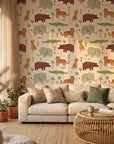 Friendly Roar beige jungle animal safari wallpaper in a warm and inviting living room