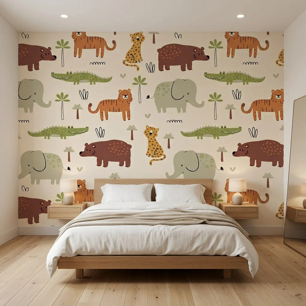 Friendly Roar beige jungle animal safari wallpaper adding character to a cozy bedroom