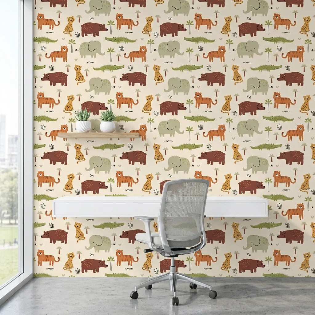 Friendly Roar beige jungle animal safari wallpaper as a feature wall in a bright home office
