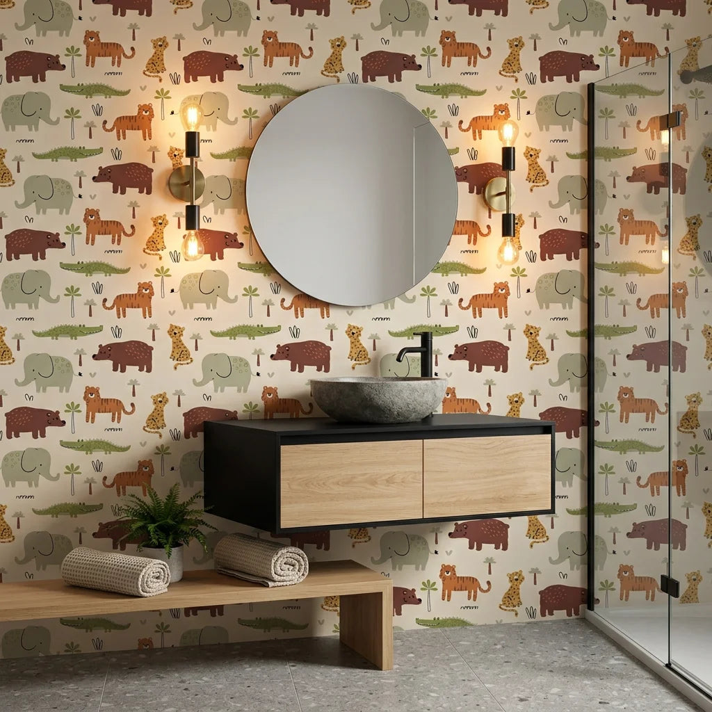 Friendly Roar beige jungle animal safari wallpaper creating ambiance in a serene bathroom