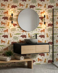 Friendly Roar beige jungle animal safari wallpaper creating ambiance in a serene bathroom