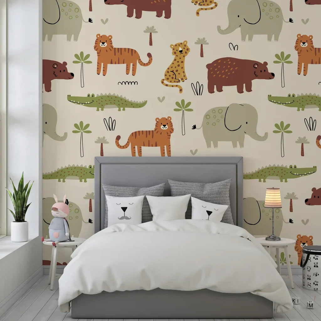 Adorable jungle creatures on a neutral beige self-adhesive wallpaper for nurseries - Friendly Roar