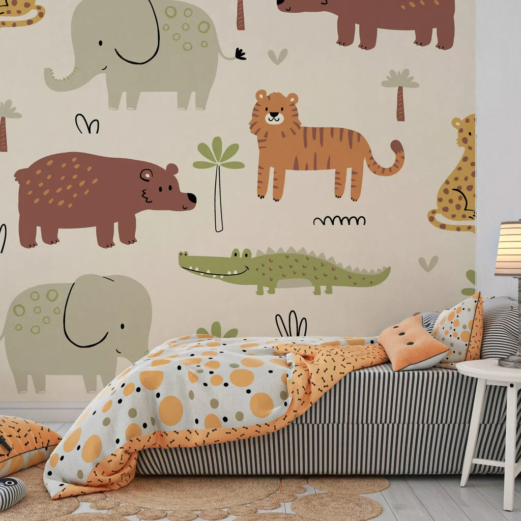 Self-adhesive nursery wall mural featuring hand-drawn safari animals in soft tan hues - Friendly Roar
