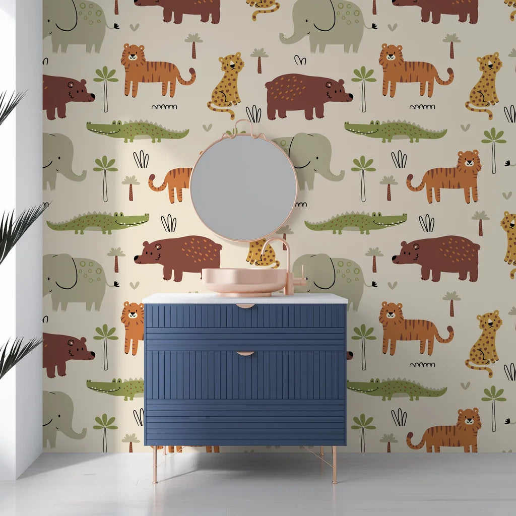 Neutral-toned removable wallpaper displaying a playful collection of illustrated jungle wildlife - Friendly Roar