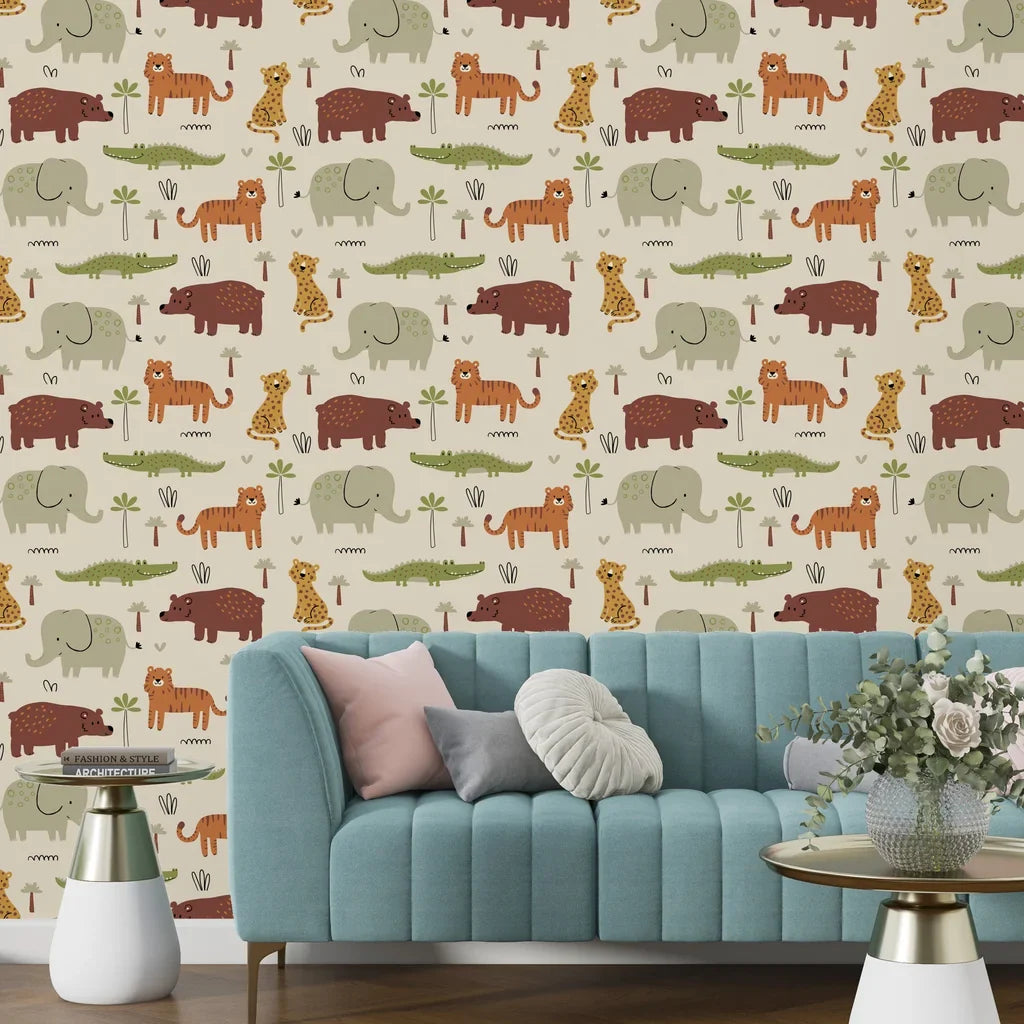 Whimsical savanna animal pattern on a creamy beige peel and stick background - Friendly Roar