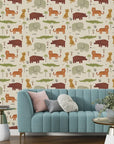Whimsical savanna animal pattern on a creamy beige peel and stick background - Friendly Roar