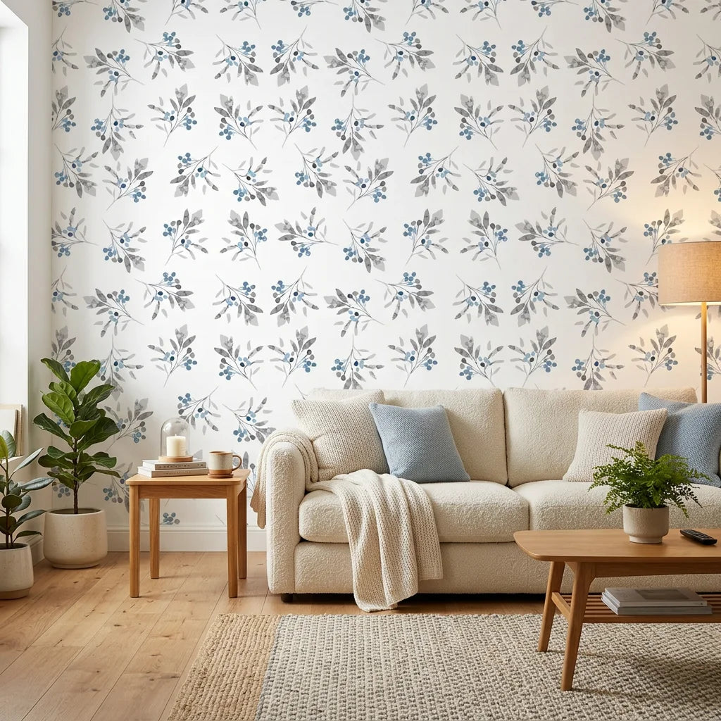 Frost Berry botanical wallpaper with gray leaves and blue berries on cream background in modern living room