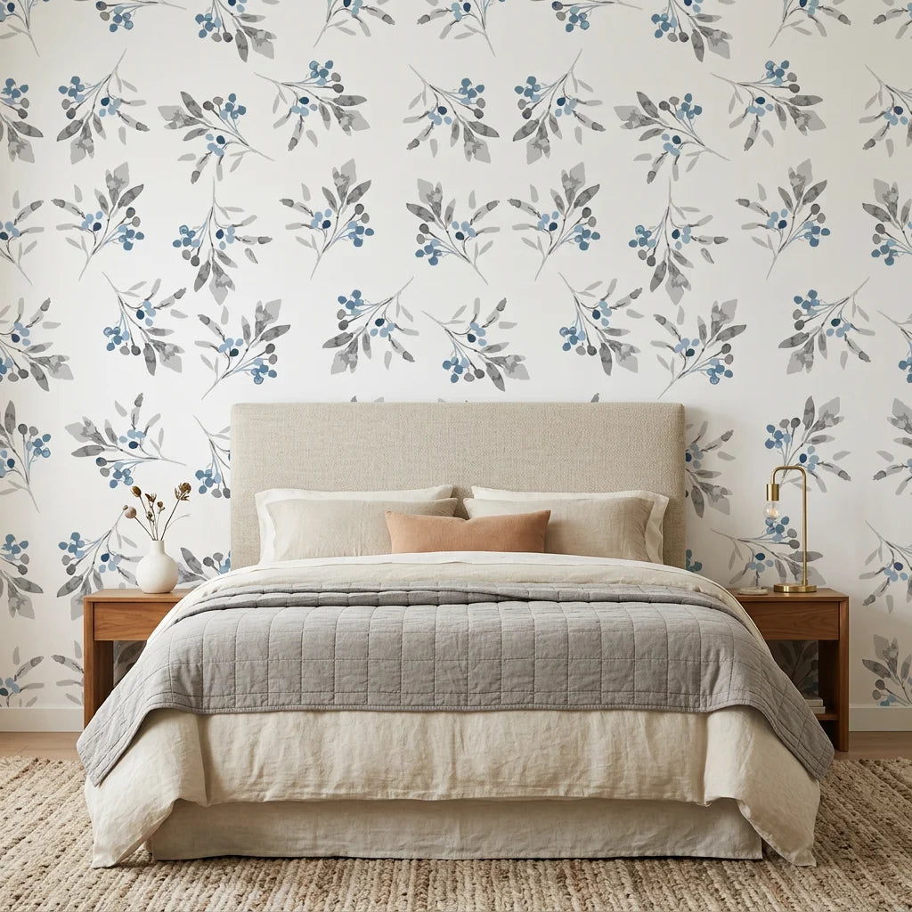 Frost Berry removable wallpaper with blue berries and gray leaves on cream background in serene bedroom