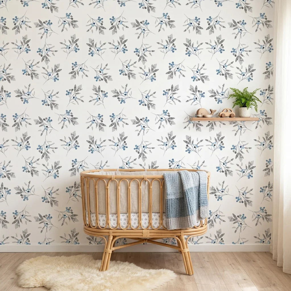 Frost Berry removable wallpaper with blue berries and gray leaves in modern nursery setting