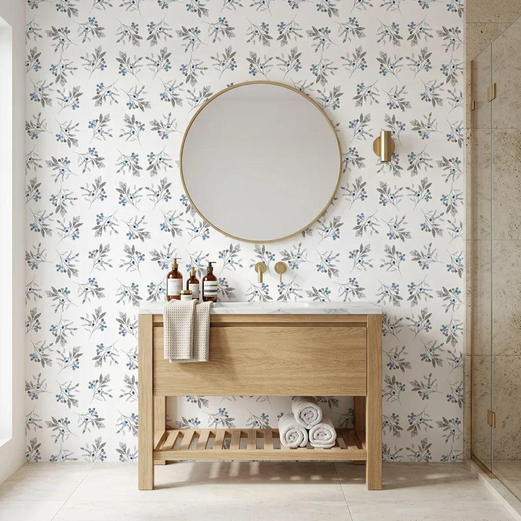Blue and grey Frost Berry botanical wallpaper in modern bathroom with natural wood vanity