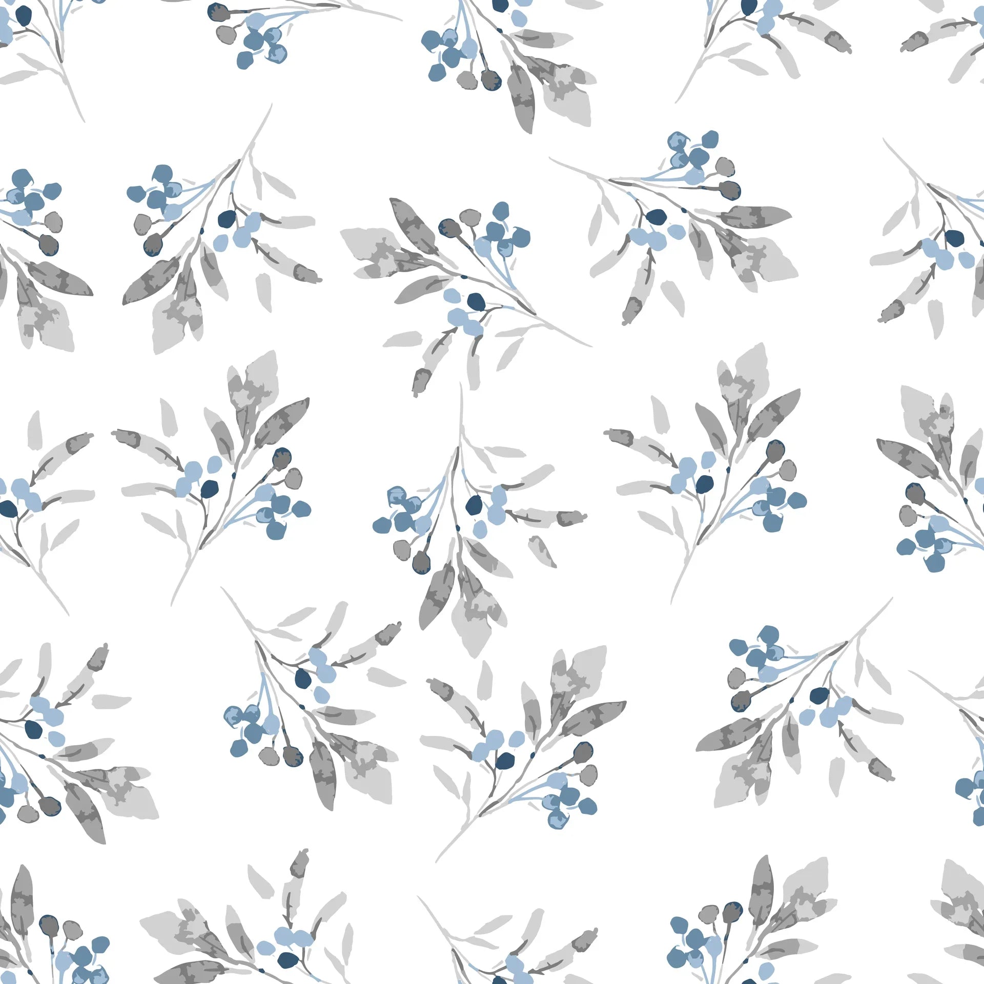 Watercolor Frost Berry wallpaper with blue berries and gray leaves on white background