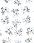 Watercolor Frost Berry wallpaper with blue berries and gray leaves on white background