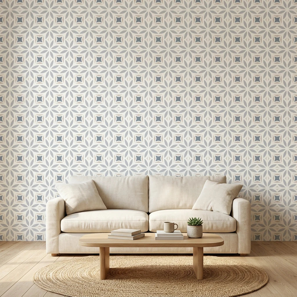 Frost Mosaic soft grey geometric tile wallpaper in a warm and inviting living room