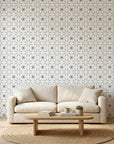 Frost Mosaic soft grey geometric tile wallpaper in a warm and inviting living room