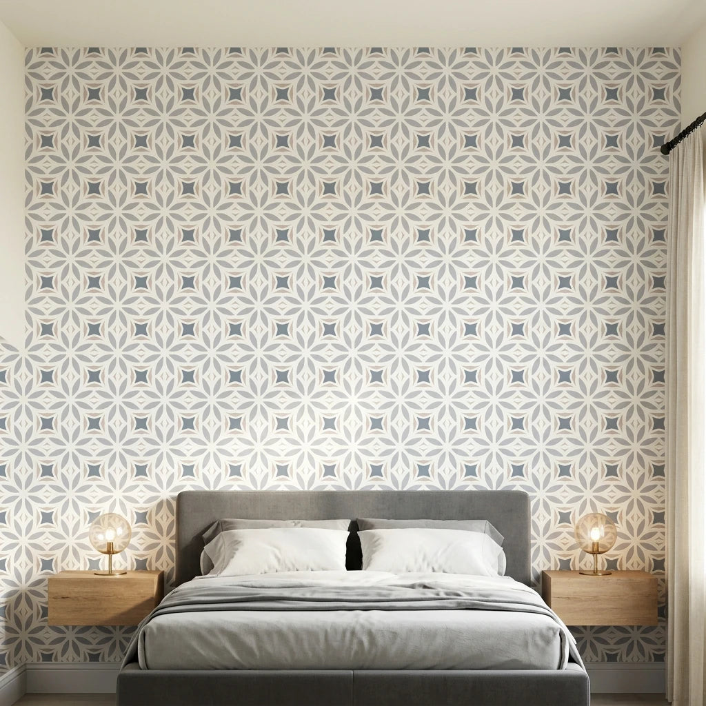 Frost Mosaic soft grey geometric tile wallpaper adding character to a cozy bedroom