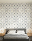 Frost Mosaic soft grey geometric tile wallpaper adding character to a cozy bedroom