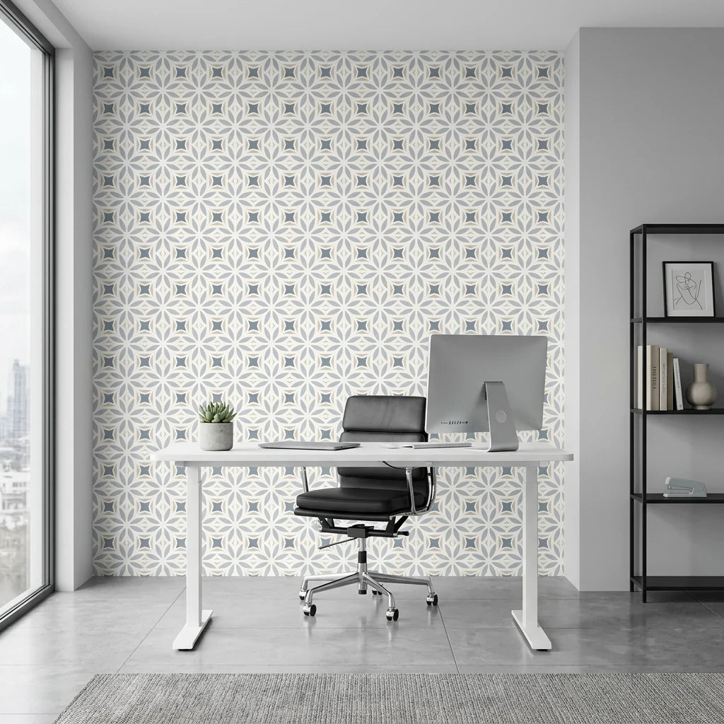 Frost Mosaic soft grey geometric tile wallpaper as a feature wall in a bright home office
