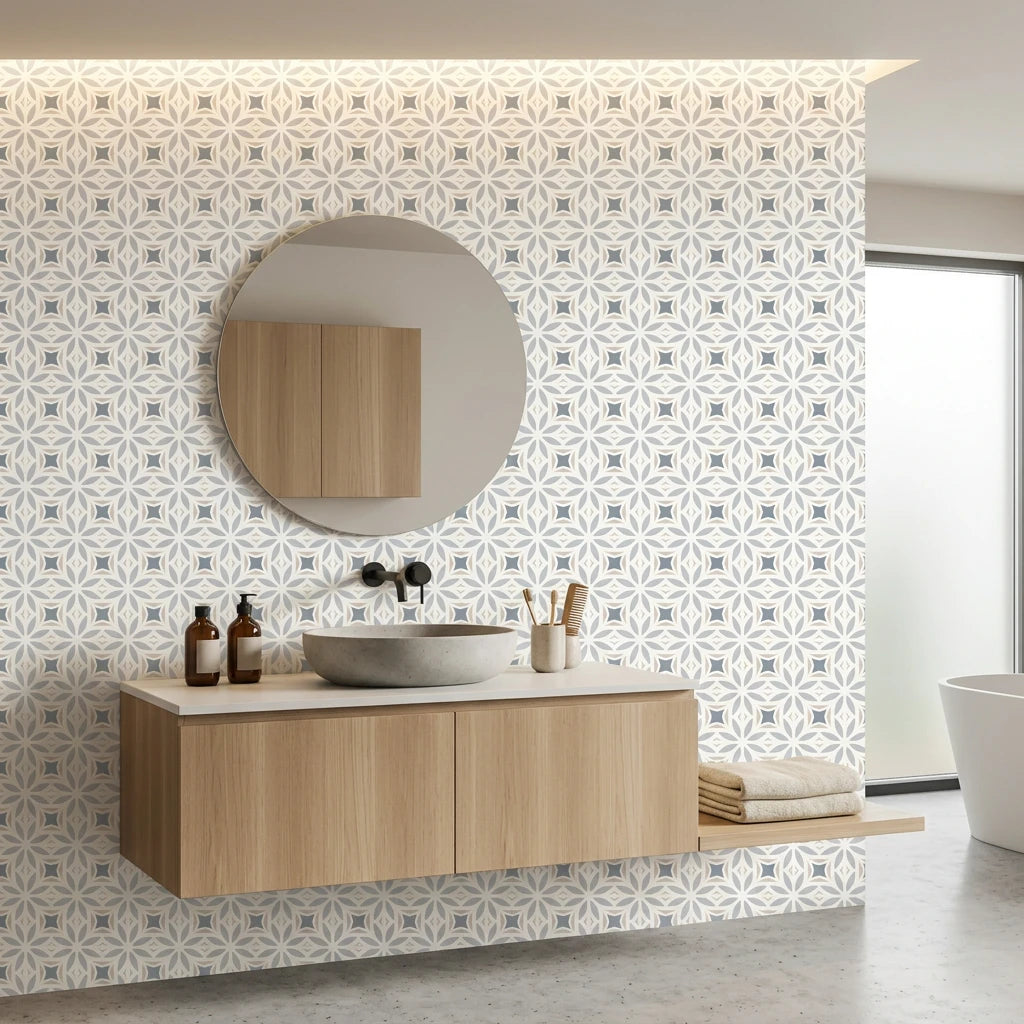 Frost Mosaic soft grey geometric tile wallpaper creating ambiance in a serene bathroom