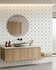 Frost Mosaic soft grey geometric tile wallpaper creating ambiance in a serene bathroom