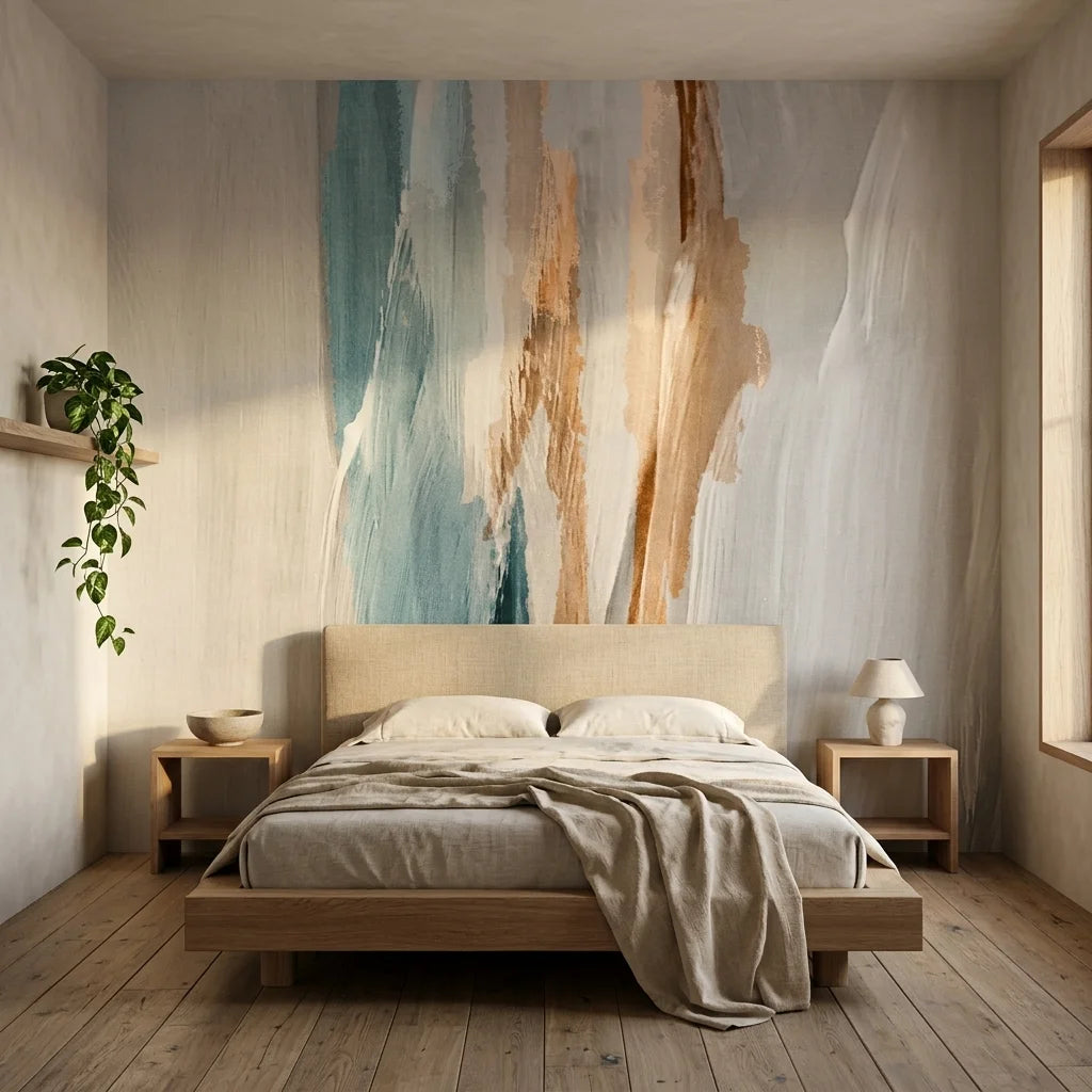 Frost & Copper soft abstract brushstroke wallpaper in a warm and inviting living room