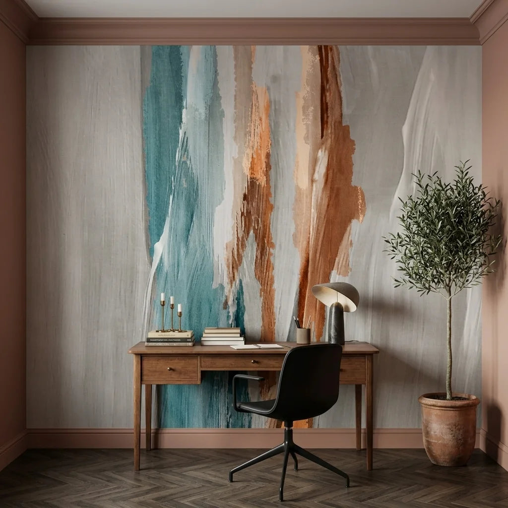 Frost & Copper soft abstract brushstroke wallpaper adding character to a cozy bedroom