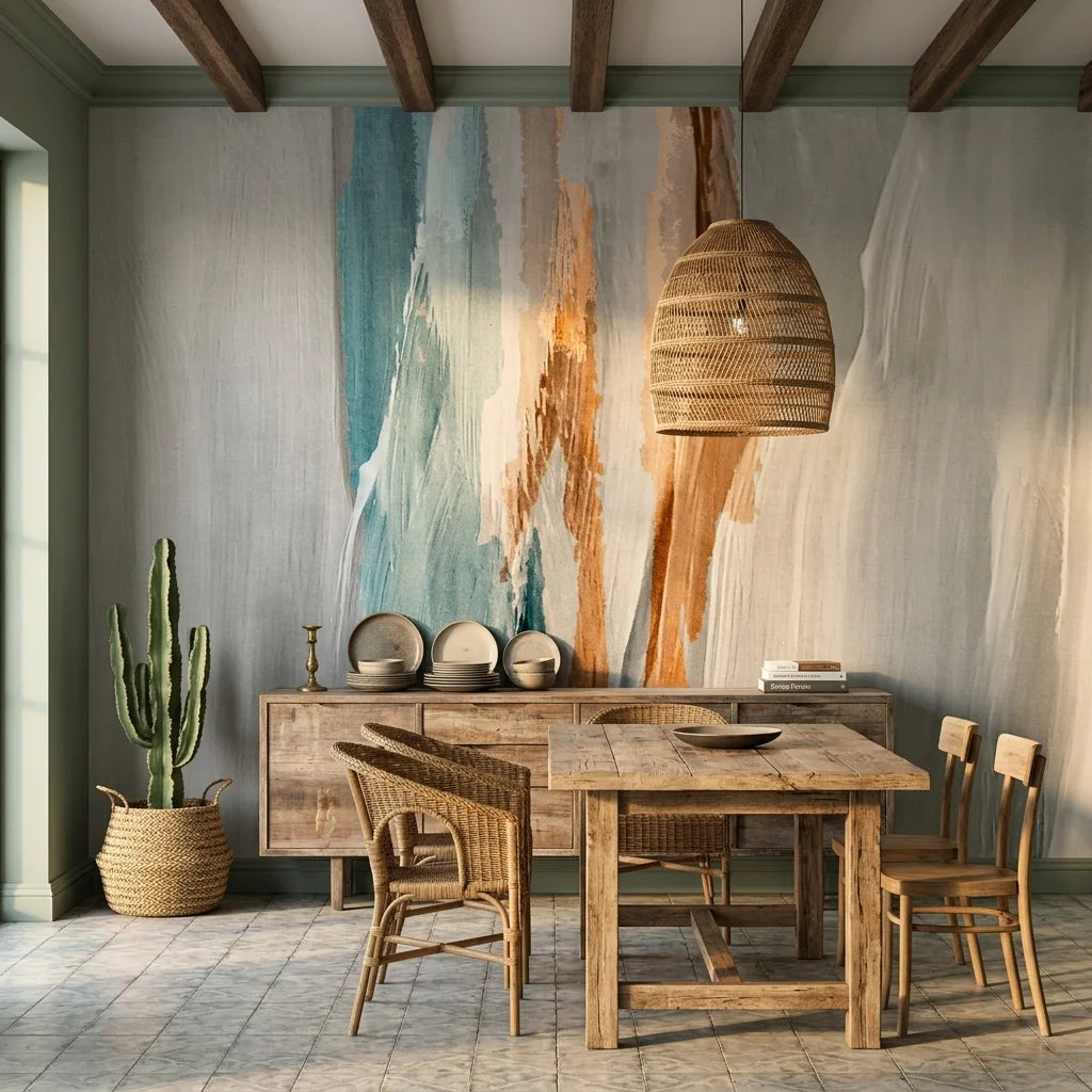 Frost & Copper soft abstract brushstroke wallpaper as a feature wall in a bright home office