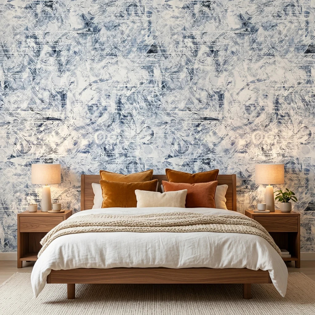 Frost & Etch blue abstract peel and stick wallpaper in a warm and inviting living room