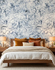 Frost & Etch blue abstract peel and stick wallpaper in a warm and inviting living room