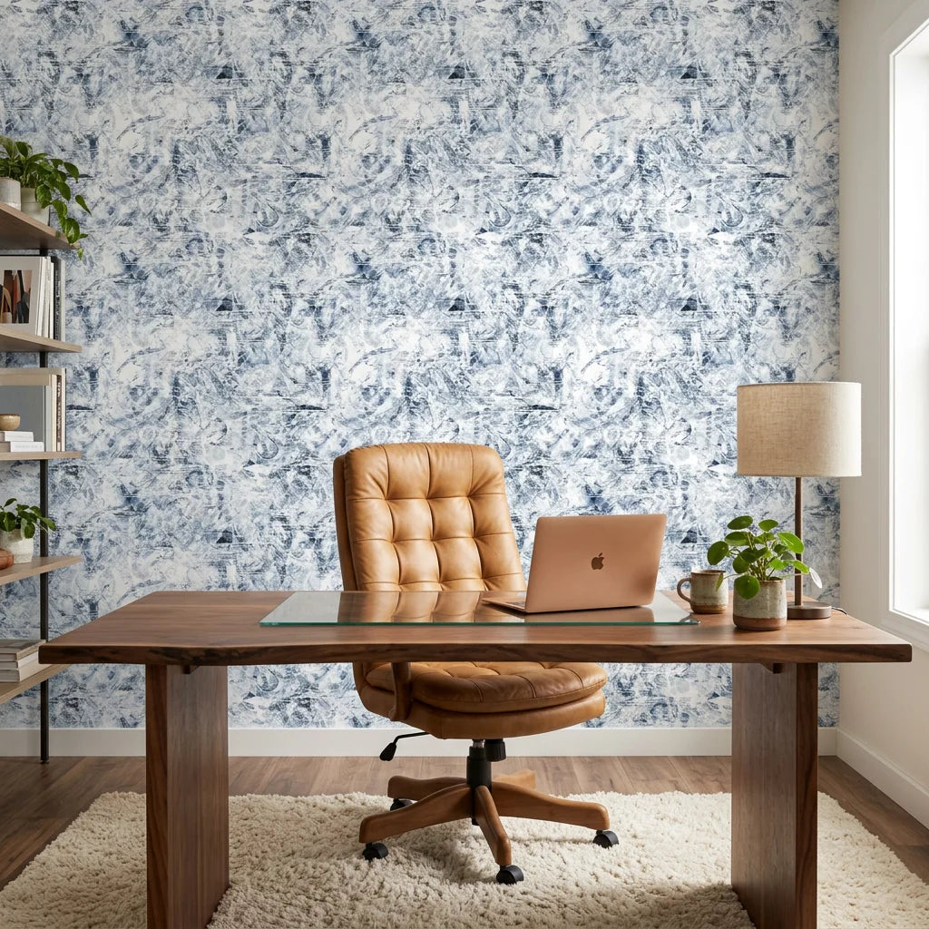 Frost & Etch blue abstract peel and stick wallpaper adding character to a cozy bedroom