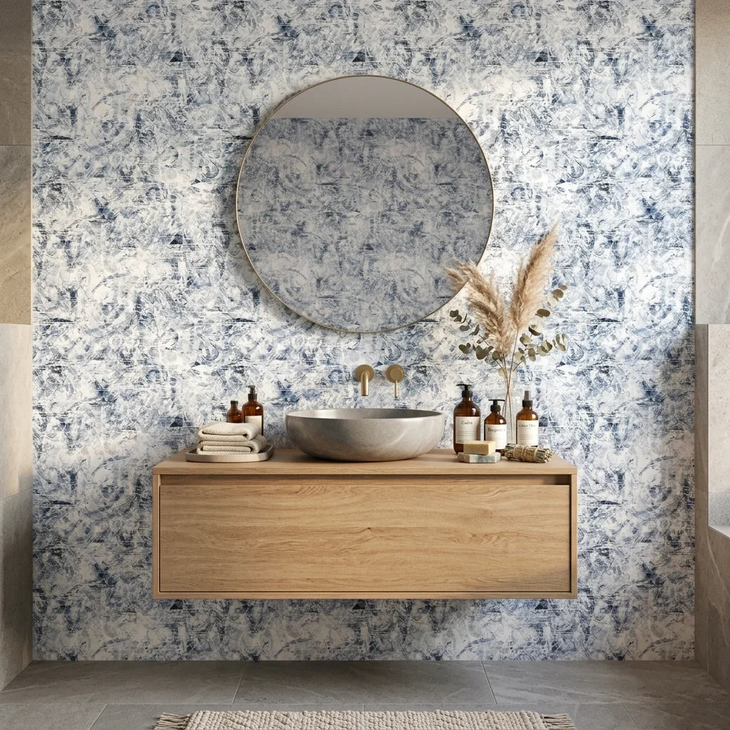 Frost & Etch blue abstract peel and stick wallpaper as a feature wall in a bright home office