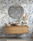 Frost & Etch blue abstract peel and stick wallpaper as a feature wall in a bright home office