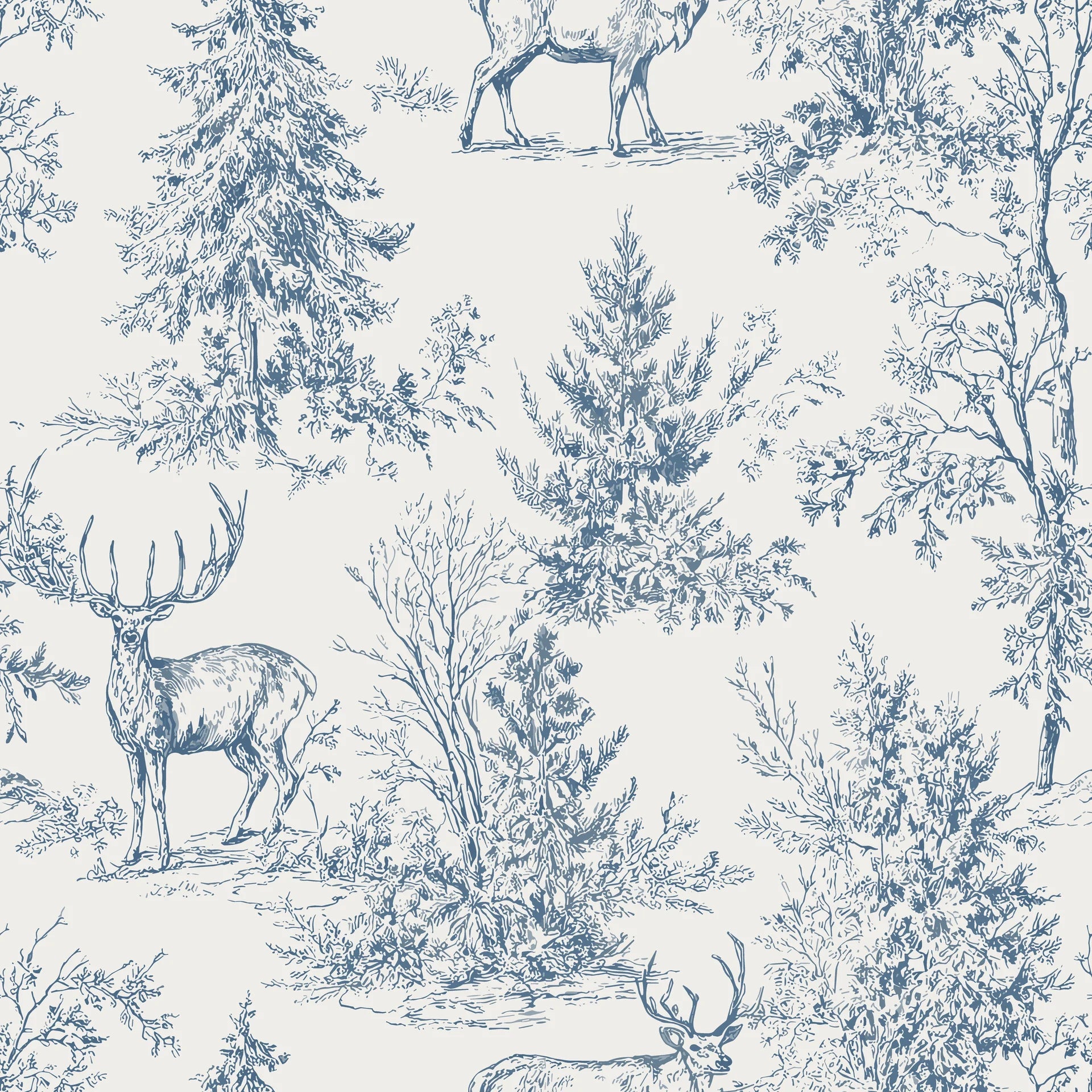 Matte blue woodland deer and tree toile peel and stick wallpaper - Frost &amp; Fable