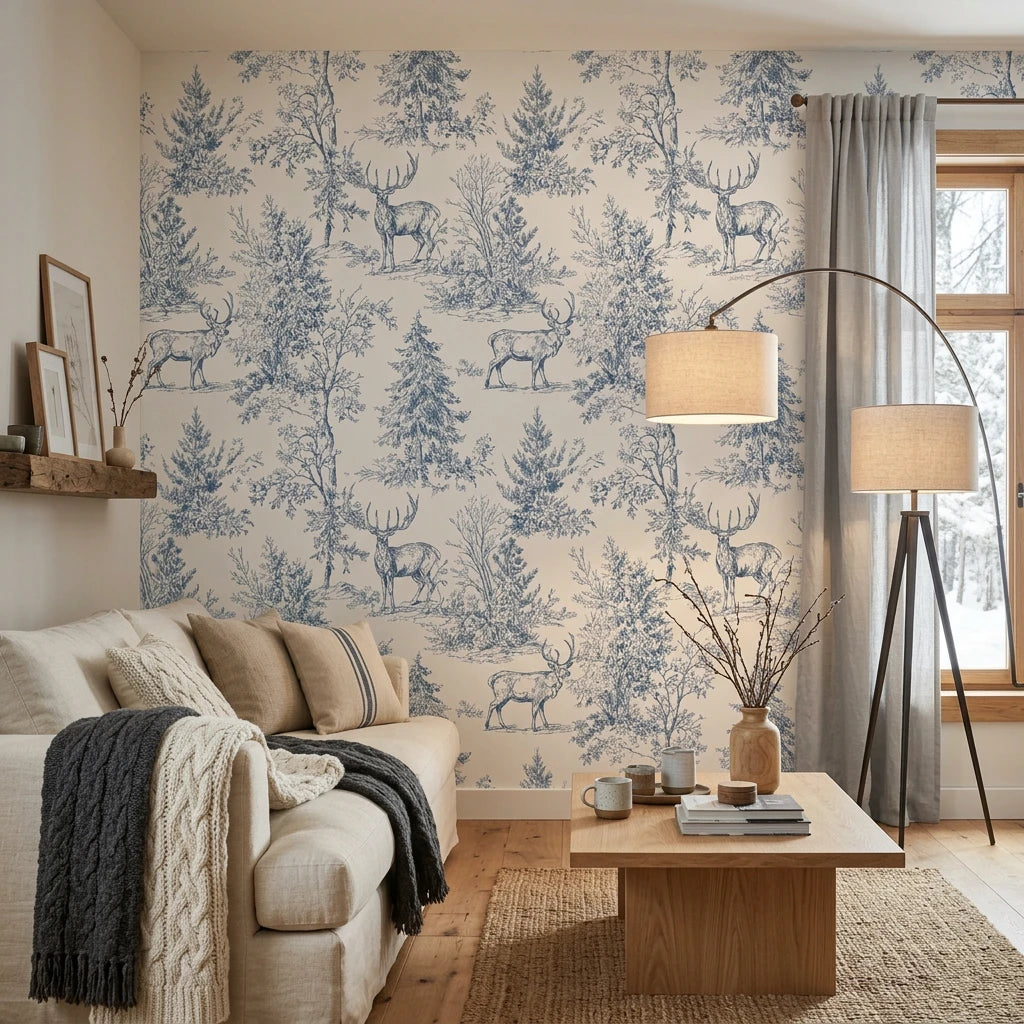 Frost &amp; Fable serene blue woodland toile wallpaper in a warm and inviting living room